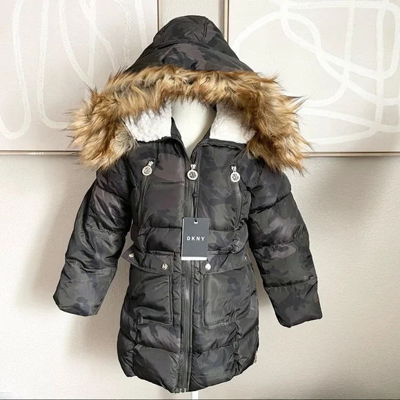 Dkny Jackets Coats Dkny Faux Fur Trim Camo Print Hooded